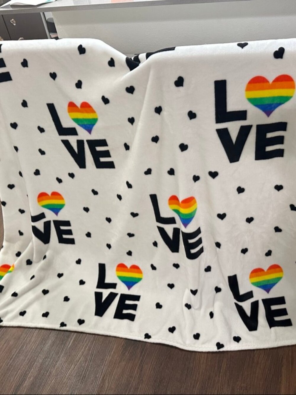LOVE Rainbow Heart Throw Blanket - White Fleece with Black Hearts 50x60